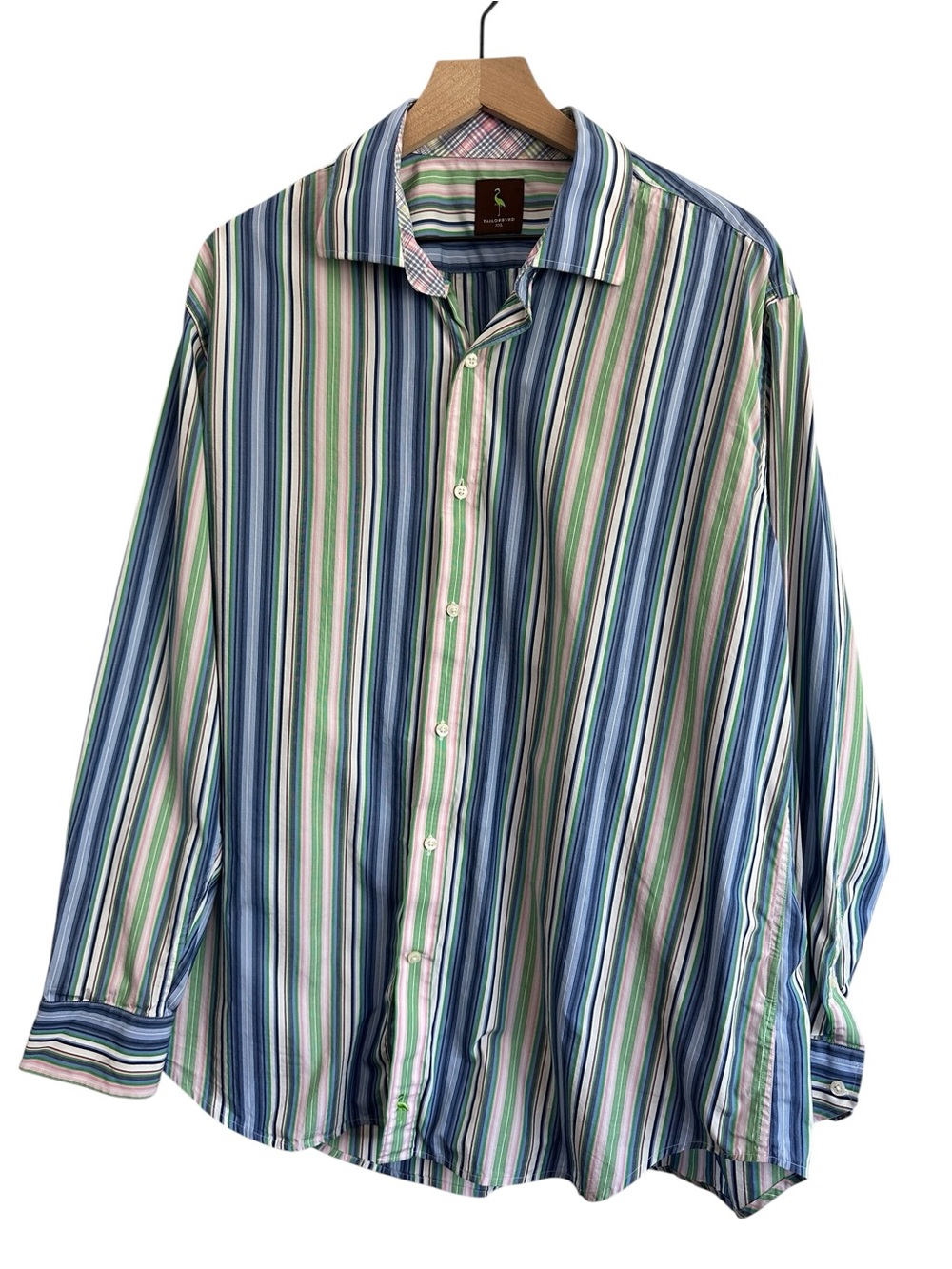 Tailorbyrd Striped Button-Up Shirt XXL Blue, Green Preppy Flip Cuff Casual